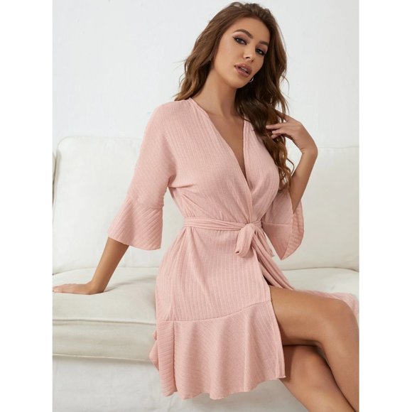 Blush Pink Ribbed Ruffle Sleeve & Hem Robe - Picture 3 of 8